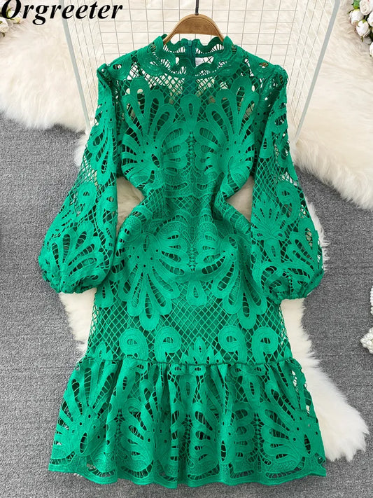 Vintage Hollow out Lace Floral Embroidery Dress For Women Spring Stand collar Puff Sleeve High Waist Mermaid Short Lace Dress