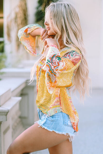 Double Take Printed Lace Trim Buttoned Blouse