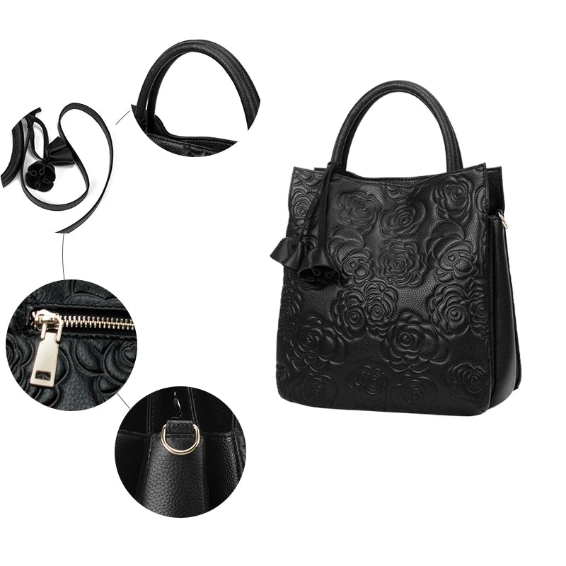 Genuine leather women's bag embossed hand carry bag, large capacity bucket bag, top layer cowhide one-shoulder cross-body bag